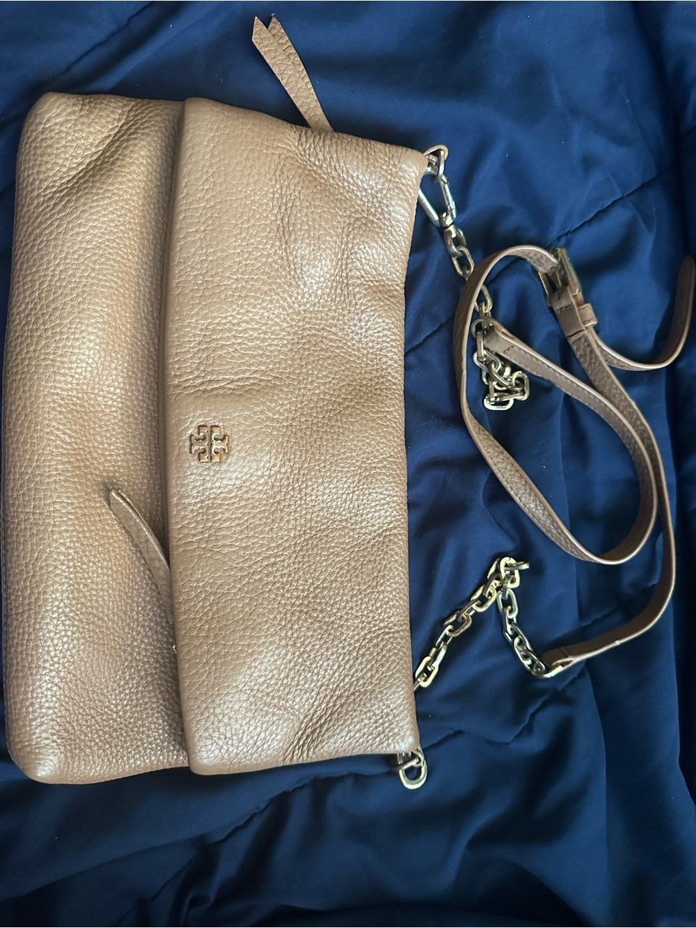Tory Burch Pebbled Leather Fold-Over Crossbody in Tan